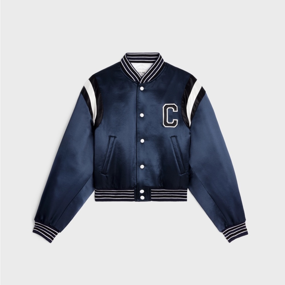 CELINE CROPPED BOMBER JACKET IN THICK SATIN NAVY